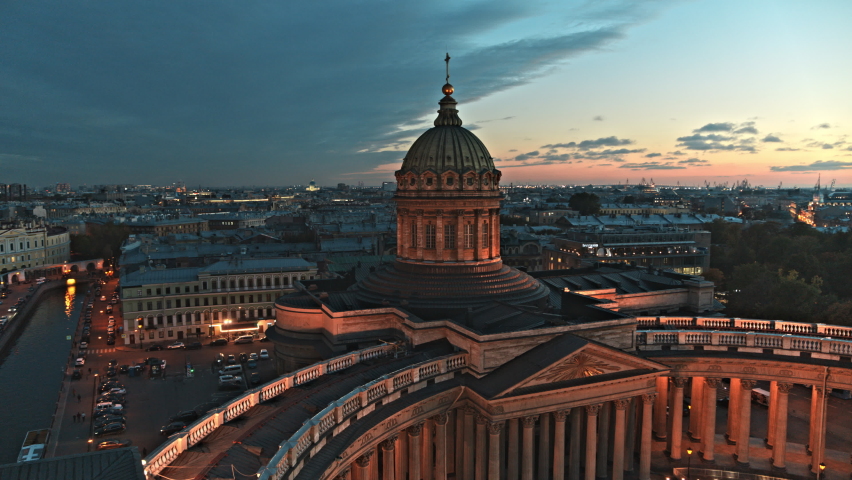 Drone view of historical center of Saint Petersburg city at night time. Kazan cathedral  Royalty-Free Stock Footage #1089025295