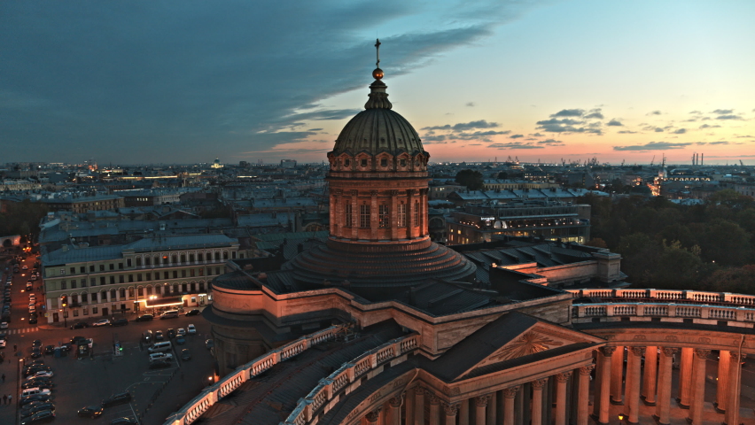 Drone view of historical center of Saint Petersburg city at night time. Kazan cathedral 
