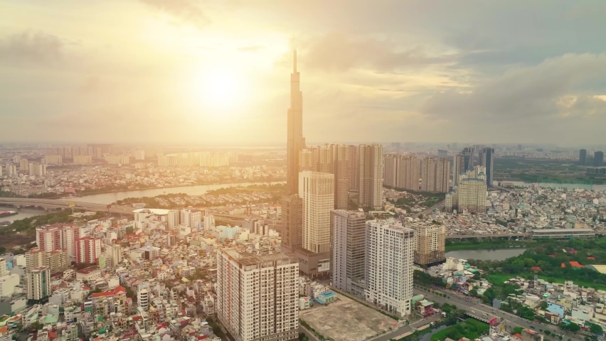Aerial view of Ho Chi Minh City skyline and skyscrapers in center of heart business at Ho Chi Minh City downtown. Financial and business centers in developed Vietnam. | Shutterstock HD Video #1089027571