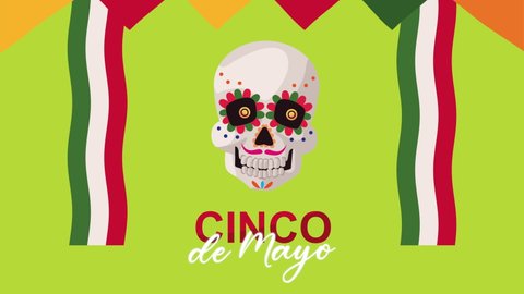 cinco de mayo lettering with skull and garlands ,4k video animated