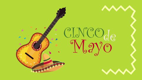 cinco de mayo lettering with mariachi hat and guitar ,4k video animated