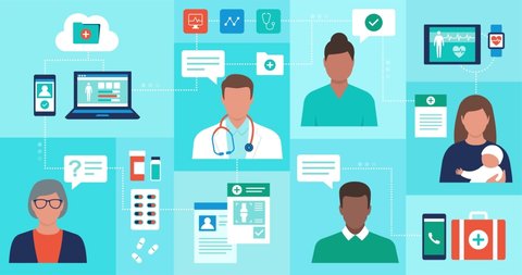 Patients connecting with doctor and nurse online: electronic medical records and telemedicine concept