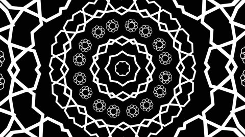 Animated Black and White Mandala Background Geometric Seamless Pattern. 4K Islamic Oriental Mandala Geometry Ethnic Pattern Animation Arabesque Illustration Ornament. Abstract Background Motion Design