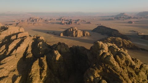 Aerial Panoramic View Of Wadi Rum Desert With Huge Rock Formations In Jordan.