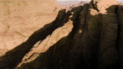 Scenic View Of Rock Formations At Jordanian Desert In Wadi Rum. Aerial Shot