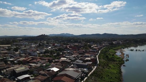 Aerial footage over the Walking Street in Chiang Khan at the border of Thaialnd and Laos in Loei.