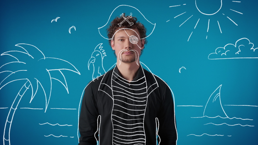 Portrait funny man pirate with parrot on shoulder at uninhabited island surrounded by ocean tropical palm motion design graphic animation male in filibuster hat and eye bandage with yacht clouds Royalty-Free Stock Footage #1089032833