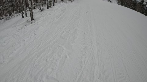 Skiing on snow slopes, first person view - 
Man going downhill with ski and falls into a snowdrift between trees - Winter sport and activities. 
