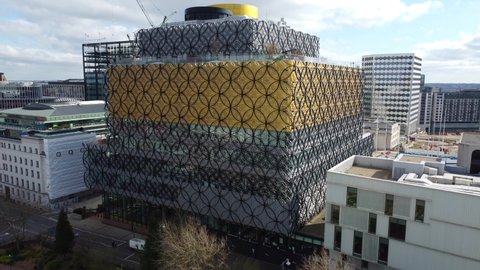 BIRMINGHAM, UK - 2022: Birmingham library UK low aerial jib shot 