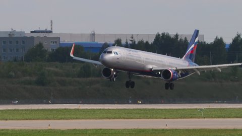 MOSCOW, RUSSIAN FEDERATION - JULY 31, 2021: Airbus A321 of Aeroflot landing at Sheremetyevo Airport (SVO). Airplane arrival. Tourism and travel concept