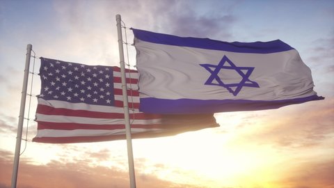 Israel and United States flag on flagpole. Israel and United States waving flag in wind. Israel and United States diplomatic concept
