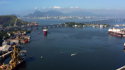 Rio de Janeiro, Brazil. Aerial view of the docks and port next to the Rio-Niteroi Bridge.