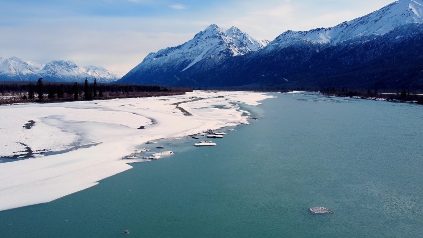 4k 30fps aerial video of the Spring Breakup, on the Knik River, between Anchorage and Wasilla, Alaska. Glenn Highway.