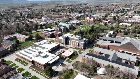 Cinematic 4K aerial drone footage of Central Washington University campus in the city of Ellensburg, Kittitas County in Western Washington