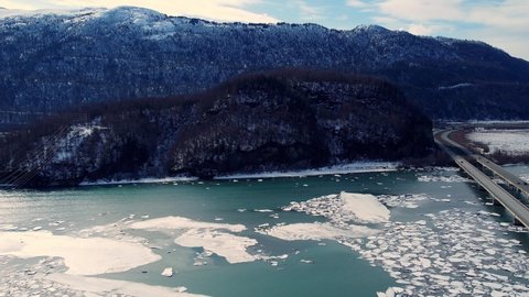 4k 30fps aerial video of the Spring Breakup, on the Knik River, between Anchorage and Wasilla, Alaska. Glenn Highway.