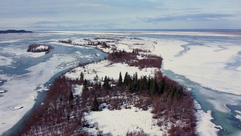 4k 30fps aerial video of the Spring Breakup, on the Knik River, between Anchorage and Wasilla, Alaska. Glenn Highway.