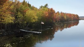 Dense forest with greenish plants with sun beams reflecting on, as seen from above. Boat with American flag floating by the shore, surrounded with colorful autumn foliage. High quality 4k footage - Powered by Shutterstock - Get 15% off with code: PIKWIZARD15