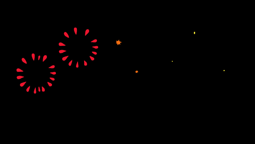2d hand-drawn multicolored fireworks with many flashes.Cartoon 2d Fx element with transparent background and alpha channel.