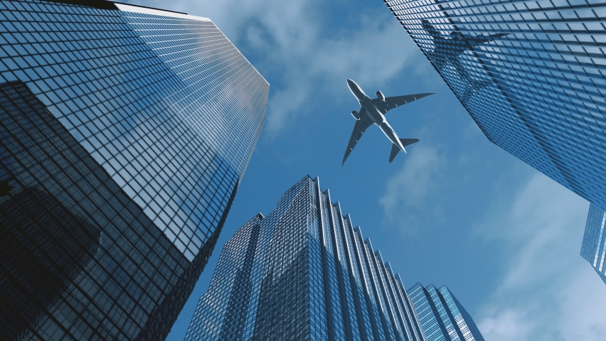 Airplane flight over the business center of skyscrapers.Business and financial success concept | Shutterstock HD Video #1089054685