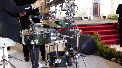 drummer playing the drums, Drum set, drum kit in dark, drummer plays a concert
