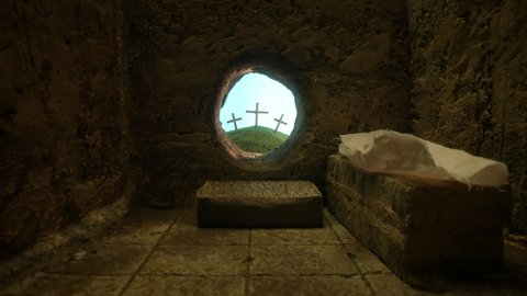 4K: Empty Tomb at Easter after the Resurrection of Jesus Christ - He is risen. Only the grave clothes left. Tracking Shot. Stock video clip footage