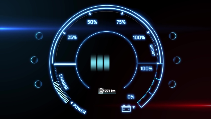Electric car charging at power charging station. Electric car battery indicator showing an increasing battery charge. Full charge of battery. Long range electric vehicle concept. Graphic animation. Royalty-Free Stock Footage #1089058363