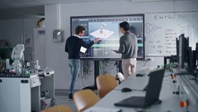 Two Diverse Male Students Standing Near Big Screen and Developing Program for Motion of Robotic Arm. Education and Innovative Technologies Concept - Powered by Shutterstock - Get 15% off with code: PIKWIZARD15