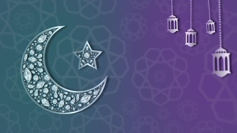 Silver Moon with Star Decorated with Silver Diamonds and Ornaments Ramadan Kareem and Happy Eid Islamic Banner Template color Gradient with Oriental or Islamic Geometric Ornaments Animation Background