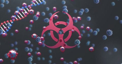 Animation of virus cells over dna, biohazard symbol and black background. health and medicine during coronavirus covid 19 pandemic digitally generated video.