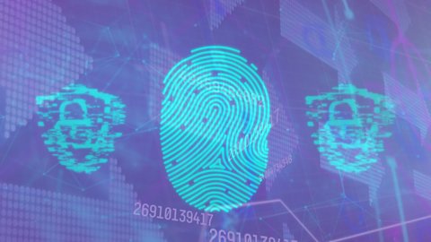 Animation of data, fingerprint and digital padlocks on violet background. global internet security, data processing, connections and digital interface concept digitally generated video.