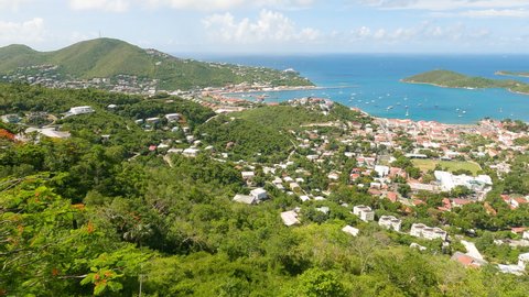 Wide shot of the Charlotte Amalie city and the Caribbean Sea; St. Thomas, USVI.