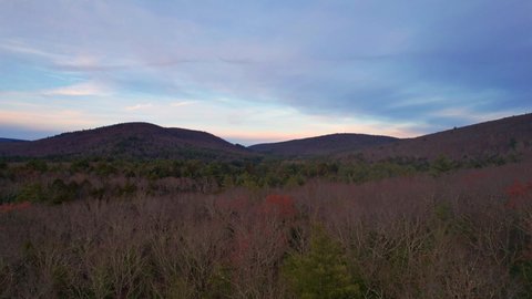 Aerial drone video footage of a beautiful calm late autumn evening in the Appalachian mountains