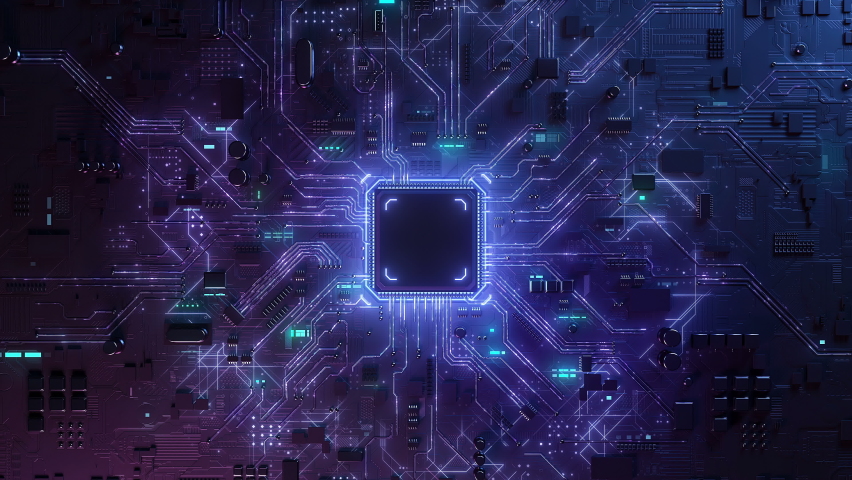 Concept animation shows the process of turning on the CPU in the motherboard. Digital pulses and signals from the chip propagate through the motherboard. 3d rendering. | Shutterstock HD Video #1089066101