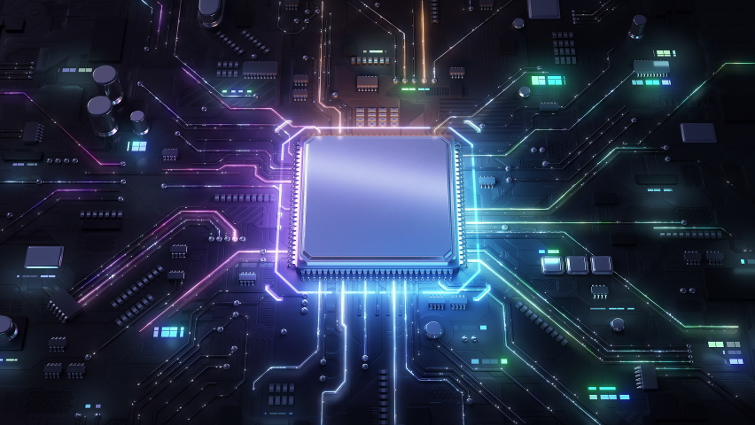 Digitalization concept: the CPU activates futuristic AI. Visualizing a digital impact or a processor or computer starting, booting. Neon glowing circuit network UI. Machine Learning. 3d rendering. Royalty-Free Stock Footage #1089066103