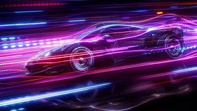 Technology concept: The silhouette of a racing car is driving fast moving on a neon highway. Powerful acceleration of a supercar on a night track with colorful lights and trails. 3d animation - Powered by Shutterstock - Get 15% off with code: PIKWIZARD15