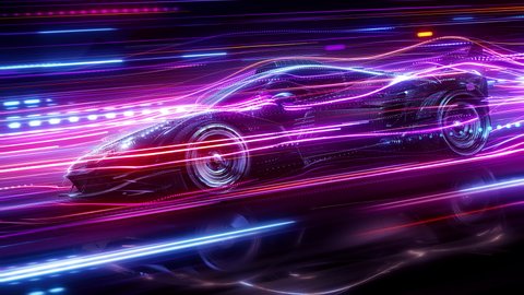 Technology concept: The silhouette of a racing car is driving fast moving on a neon highway. Powerful acceleration of a supercar on a night track with colorful lights and trails. 3d animation