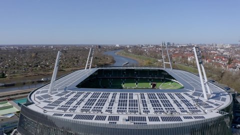 Bremen, Germany - March 2022: Aerial view over Weserstadion, home stadium of 2. Bundesliga football club SV Werder Bremen.
