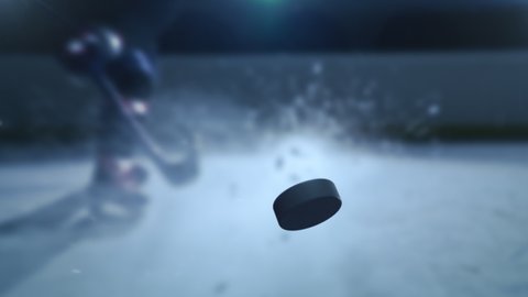 Ice Hockey Rink Arena: Professional Player Shooting, Hitting, Stricking the Puck with Hockey Sticks. Dramatic Close up Shot, Cinematic Lighting, 3D Puck Flying in Slow Motion. 2 in 1 pack