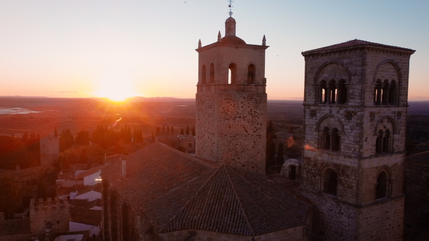 Aerial view of a scenic sunset at medieval village of Trujillo in Extremadura, Spain. High quality 4k footage