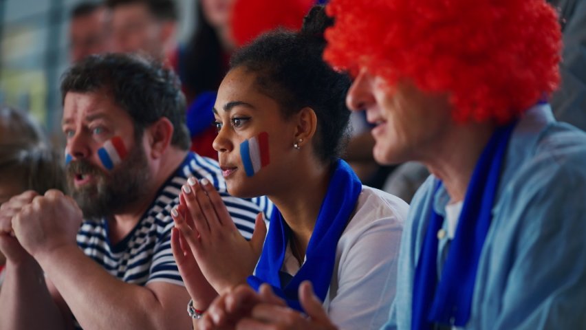 French football fans celebrating their team's victory at stadium. Royalty-Free Stock Footage #1089072549