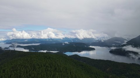 Picturesque landscapes of the Sunshine Coast near Powell River in British Columbia, Canada. Wide angle aerial shot