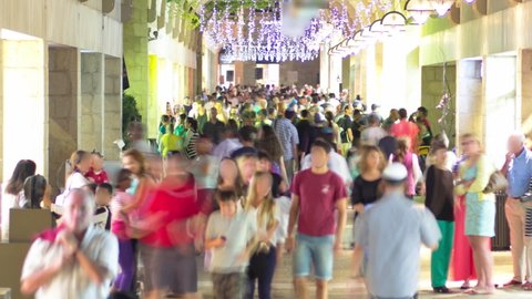 Shoppers and tourists at Mamilla shopping street timelapse. Located by Jaffa gate, Mamilla Avenue, is an upscale shopping street and the only open-air mall in Jerusalem.