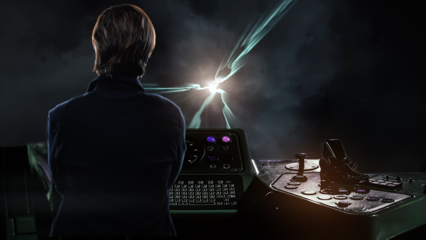 Time Travel Man Stormy Sky Wormhole Transport Controls. Man traveling through space inside a vintage spaceship flying above moon towards planet Earth