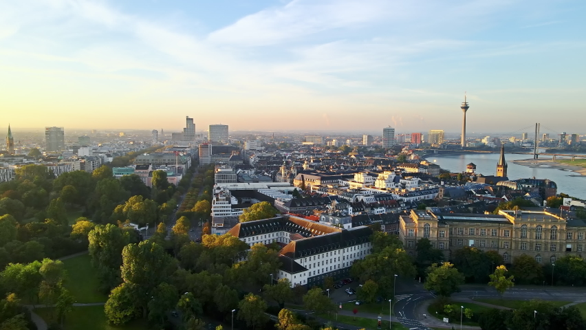 An early summery and warm morning over Düsseldorf Royalty-Free Stock Footage #1089085669