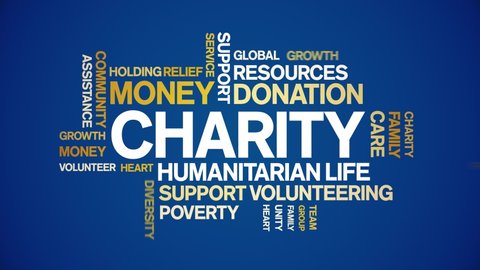 Charity animated tag word cloud,text design animation kinetic typography seamless loop. 