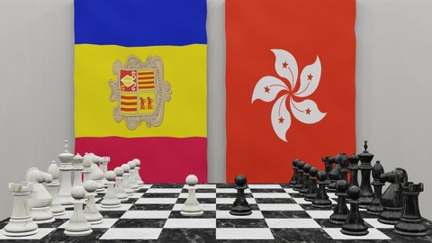 Andorra vs Hong kong at the chess board. The concept of political relations between countries. 3d animation