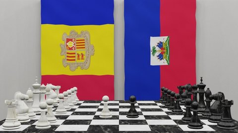 Andorra vs Haiti at the chess board. The concept of political relations between countries. 3d animation