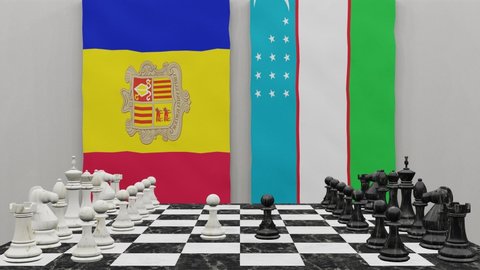 Andorra vs Uzbekistan at the chess board. The concept of political relations between countries. 3d animation