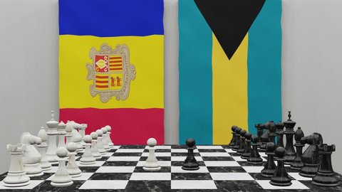 Andorra vs Bahamas at the chess board. The concept of political relations between countries. 3d animation