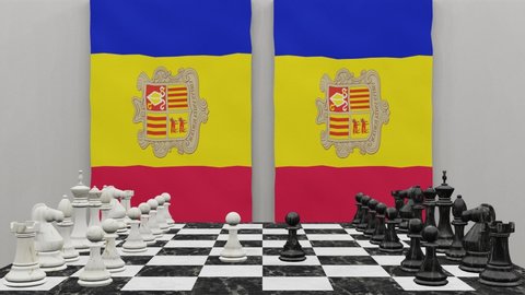 Andorra vs Andorra at the chess board. The concept of political relations between countries. 3d animation